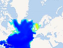 Modeled Export POC Flux in period 1951 to 2000 under RCP85 for the deep Atlantic Ocean